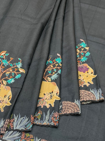 Charcoal Grey Tussore Silk Saree with Pichwai Cow & Botanical Tree Embroidery
