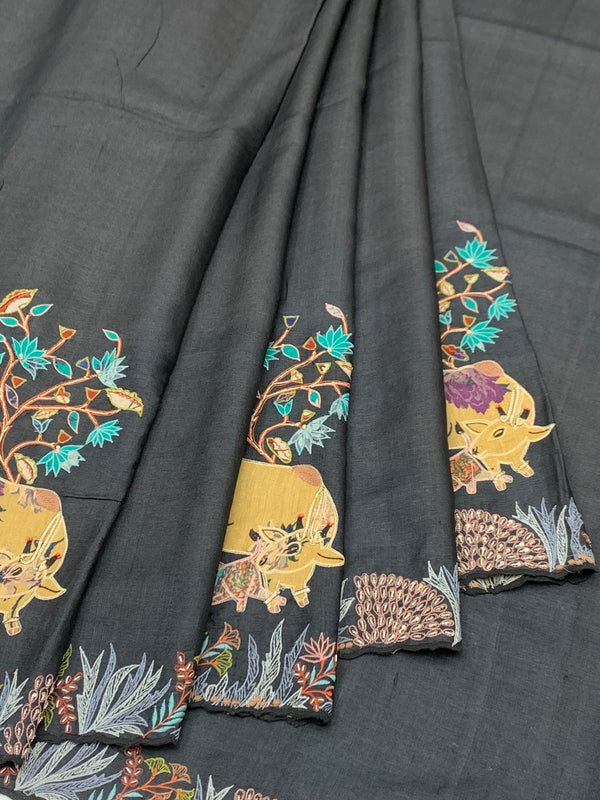 Charcoal Grey Tussore Silk Saree with Pichwai Cow & Botanical Tree Embroidery