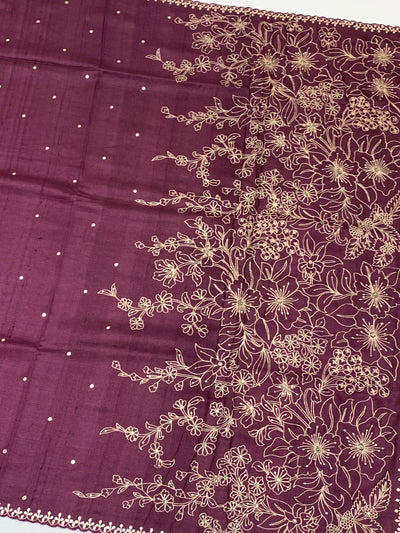 Exquisite Wine Tussore Saree With All-Over Aari & Mirror Work