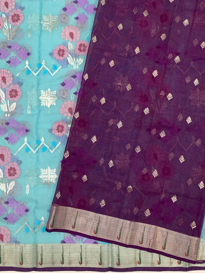 Zari Kota Saree Light-Blue In Color