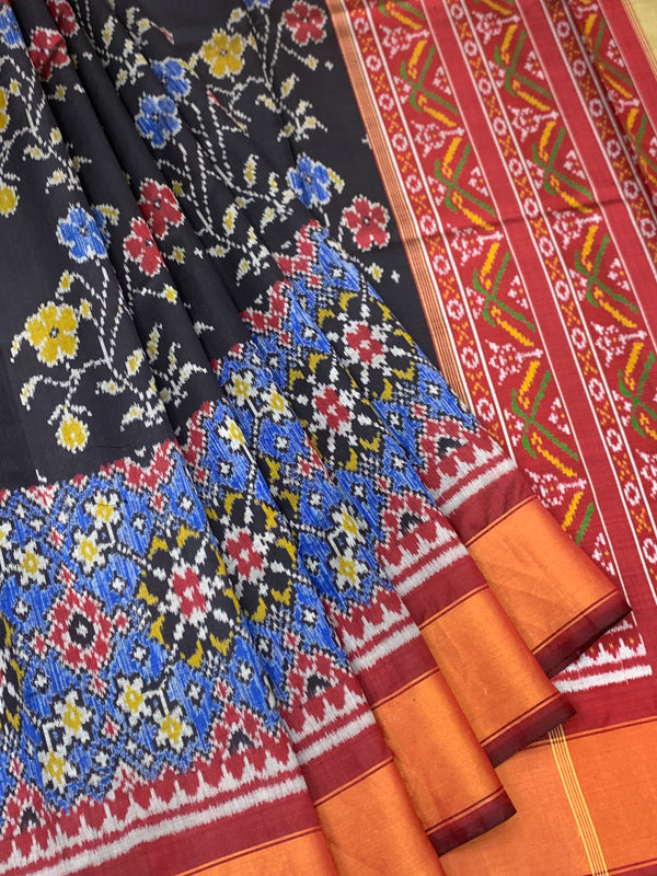 Jet Black & Crimson Red Rajkot Patola Silk Saree