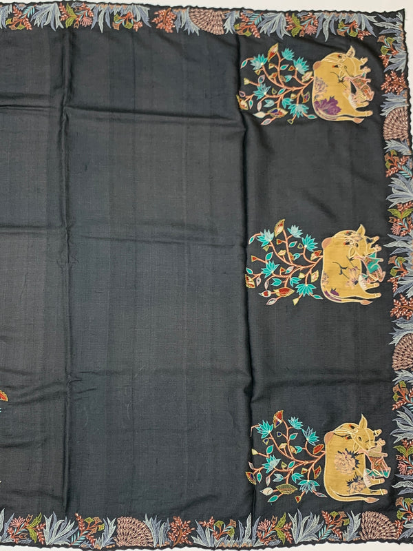 Charcoal Grey Tussore Silk Saree with Pichwai Cow & Botanical Tree Embroidery