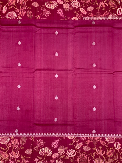 Deep Magenta Tussore Saree with Printed Floral Border and Zari Pallu