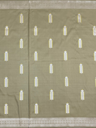 Sophisticated Olive Taupe Mashru Silk Saree with Floral Bootis & Silver Zari Pallu