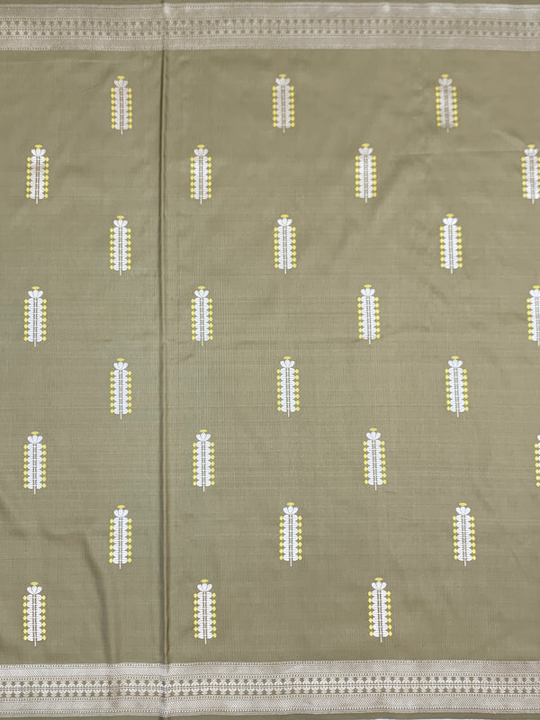 Sophisticated Olive Taupe Mashru Silk Saree with Floral Bootis & Silver Zari Pallu