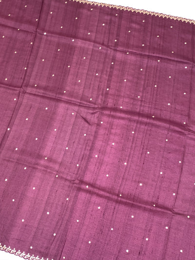 Exquisite Wine Tussore Saree With All-Over Aari & Mirror Work