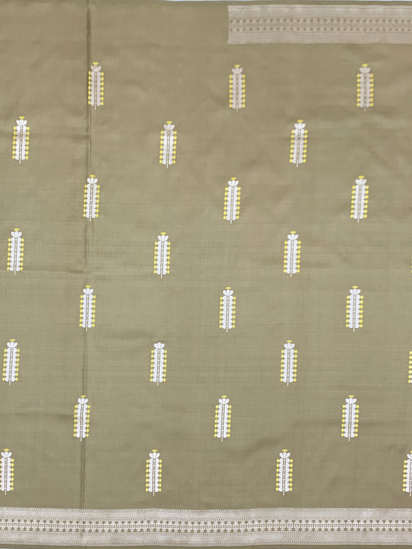 Sophisticated Olive Taupe Mashru Silk Saree with Floral Bootis & Silver Zari Pallu
