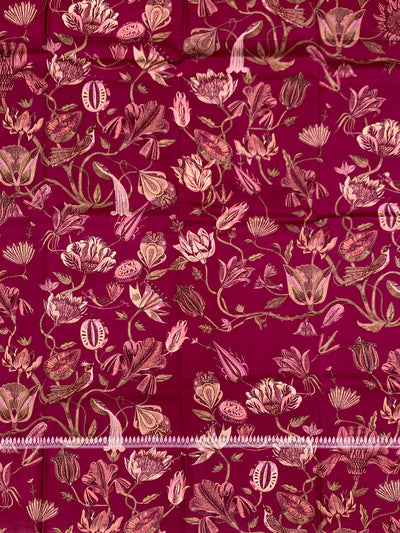 Deep Magenta Tussore Saree with Printed Floral Border and Zari Pallu
