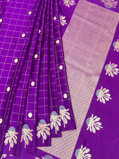 Royal Purple Banarasi Mashroo Saree with Grid & Tree Motifs