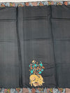 Charcoal Grey Tussore Silk Saree with Pichwai Cow & Botanical Tree Embroidery