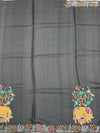 Charcoal Grey Tussore Silk Saree with Pichwai Cow & Botanical Tree Embroidery