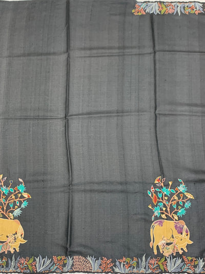 Charcoal Grey Tussore Silk Saree with Pichwai Cow & Botanical Tree Embroidery