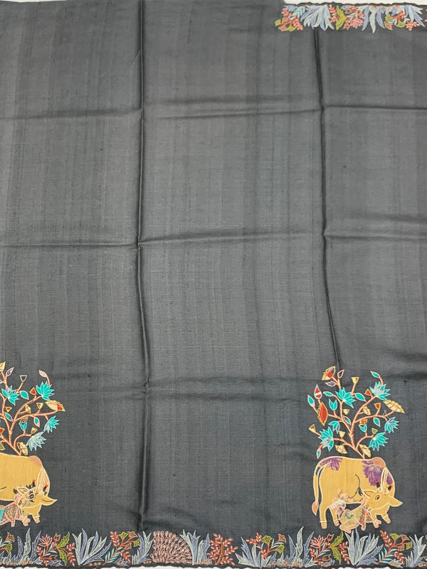 Charcoal Grey Tussore Silk Saree with Pichwai Cow & Botanical Tree Embroidery