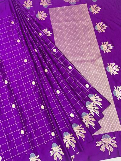 Royal Purple Banarasi Mashroo Saree with Grid & Tree Motifs
