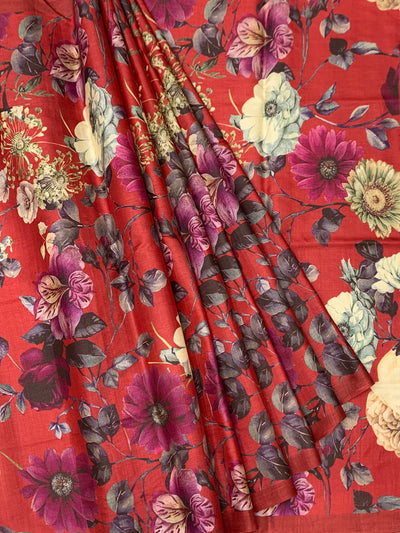 Botanical Bloom Crimson Red Bhagalpuri Tussore Silk Sare