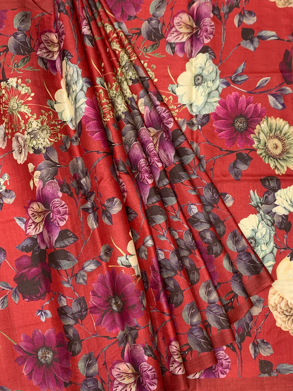 Botanical Bloom Crimson Red Bhagalpuri Tussore Silk Sare