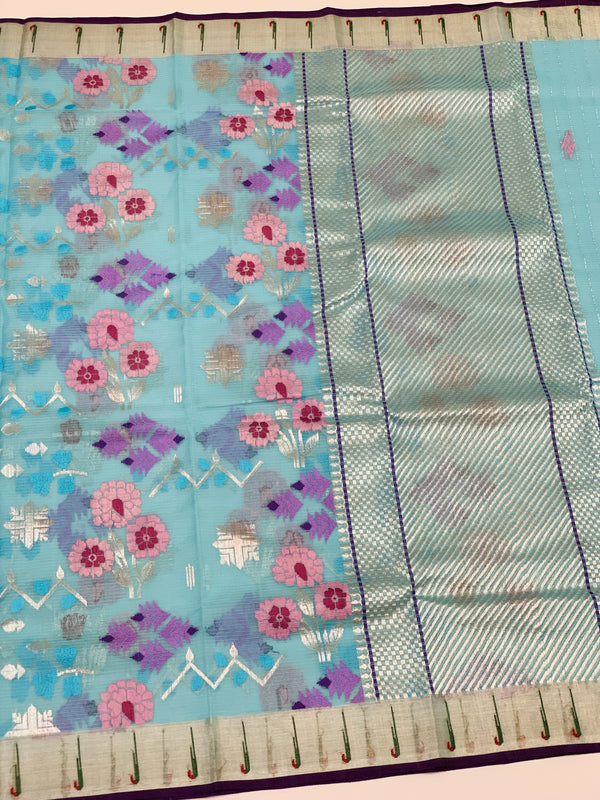 Zari Kota Saree Light-Blue In Color