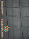 Charcoal Grey Tussore Silk Saree with Pichwai Cow & Botanical Tree Embroidery