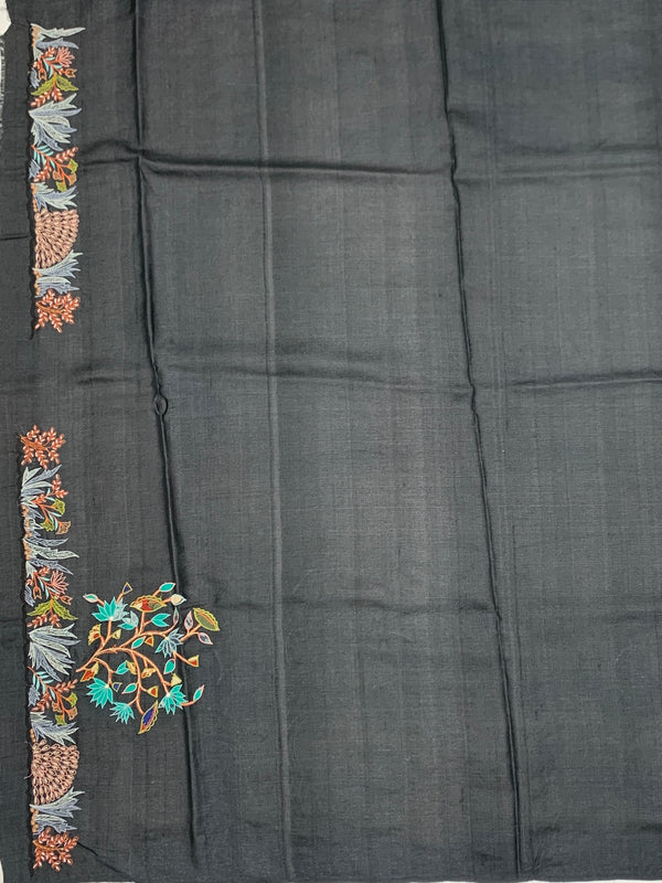 Charcoal Grey Tussore Silk Saree with Pichwai Cow & Botanical Tree Embroidery
