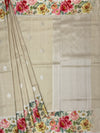 Beige Tussore Saree with Floral Print & Silver Zari