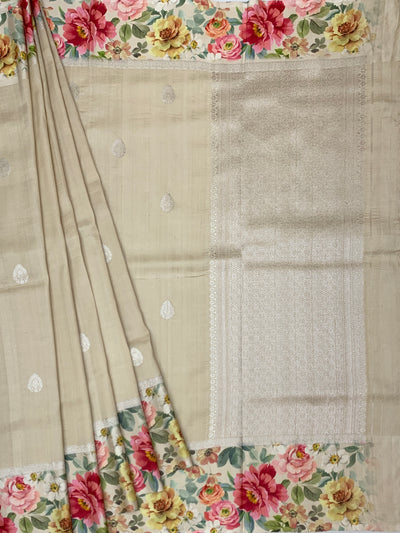 Beige Tussore Saree with Floral Print & Silver Zari