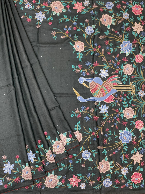 Charcoal Grey Tussore Silk Saree with Pastel Floral Embroidery & Majestic Crane Motif