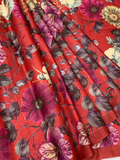 Botanical Bloom Crimson Red Bhagalpuri Tussore Silk Sare