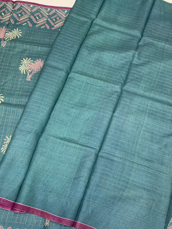 Tussore Printed Saree Light-Blue In Colour