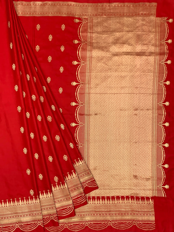Classic Crimson Red Mashru Silk Saree with Scalloped Zari Border