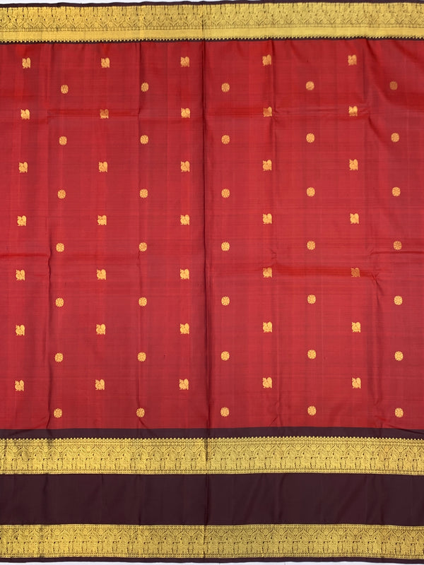 Regal Crimson Red & Deep Coffee Brown Kanjeevaram Silk Saree