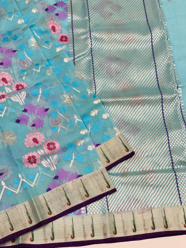 Zari Kota Saree Light-Blue In Color