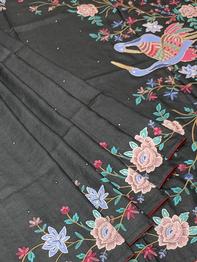 Charcoal Grey Tussore Silk Saree
