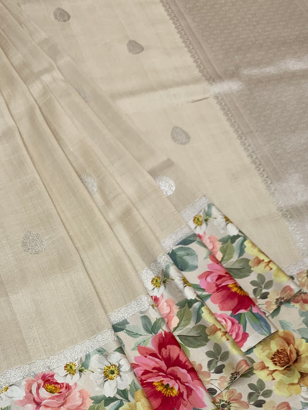 Beige Tussore Saree with Floral Print & Silver Zari