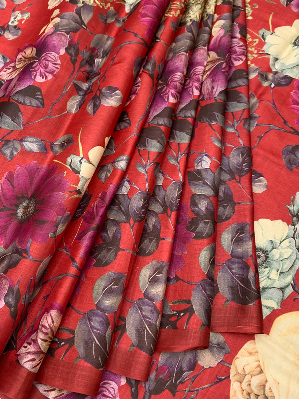 Botanical Bloom Crimson Red Bhagalpuri Tussore Silk Sare