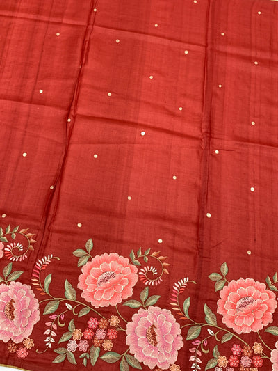 Radiant Red Tussore Saree with Aari Work