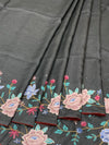 Charcoal Grey Tussore Silk Saree with Pastel Floral Embroidery & Majestic Crane Motif