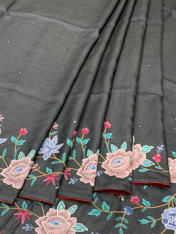 Charcoal Grey Tussore Silk Saree with Pastel Floral Embroidery & Majestic Crane Motif