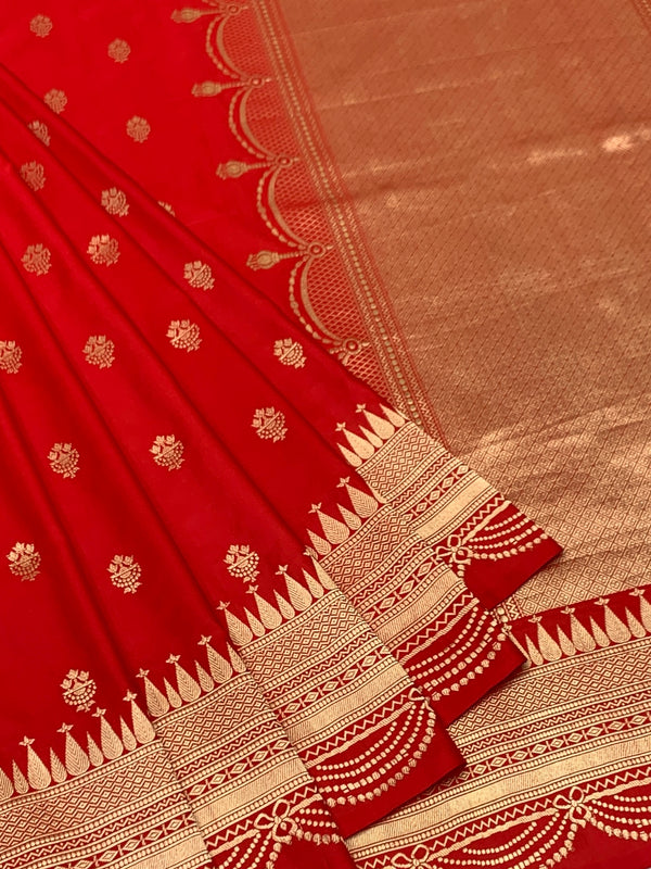 Classic Crimson Red Mashru Silk Saree with Scalloped Zari Border
