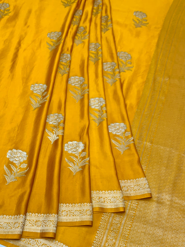 Radiant Mustard Yellow Mashru Silk Saree with Floral Buttas