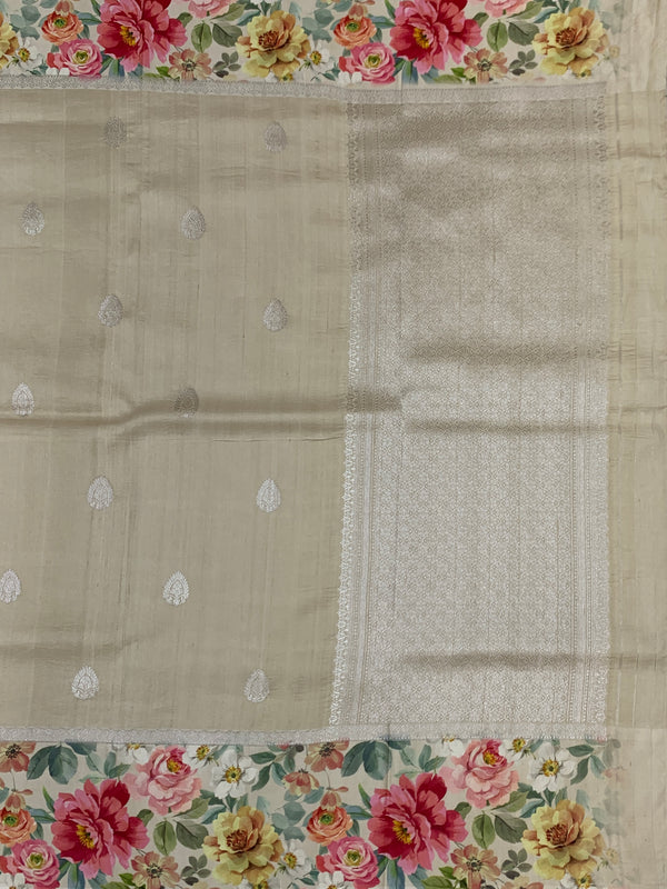 Beige Tussore Saree with Floral Print & Silver Zari