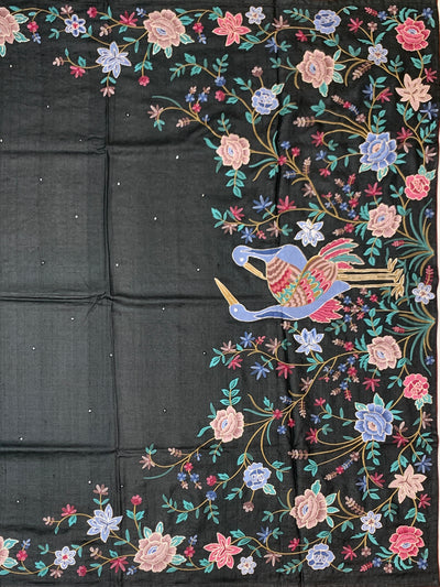 Charcoal Grey Tussore Silk Saree