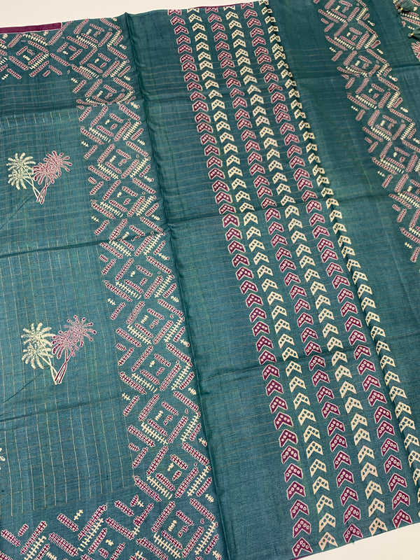 Tussore Printed Saree Light-Blue In Colour