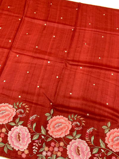 Radiant Red Tussore Saree with Aari Work