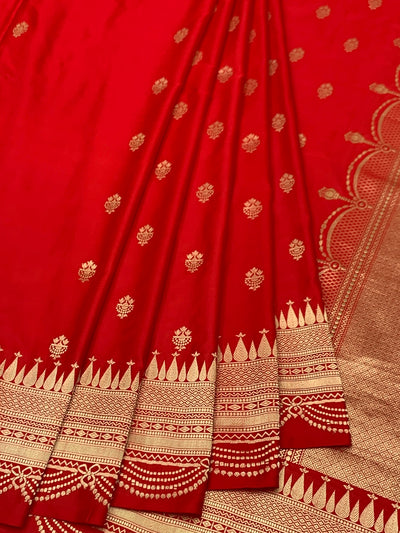 Classic Crimson Red Mashru Silk Saree with Scalloped Zari Border
