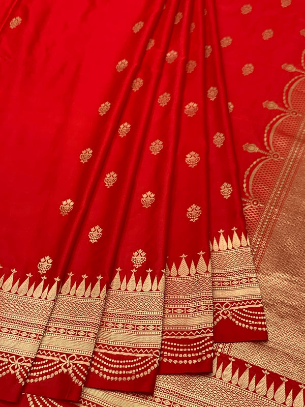 Classic Crimson Red Mashru Silk Saree with Scalloped Zari Border