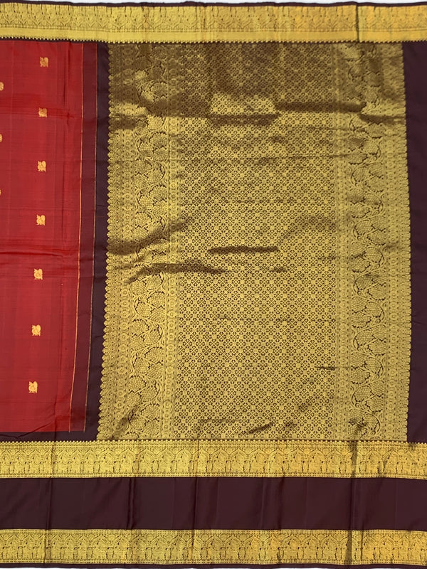 Regal Crimson Red & Deep Coffee Brown Kanjeevaram Silk Saree