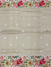 Beige Tussore Saree with Floral Print & Silver Zari