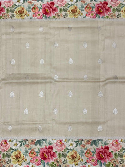 Beige Tussore Saree with Floral Print & Silver Zari