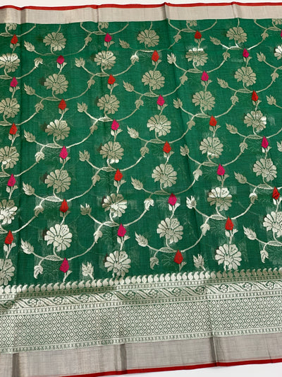 Zari Kota Saree Bottle-Green In Color