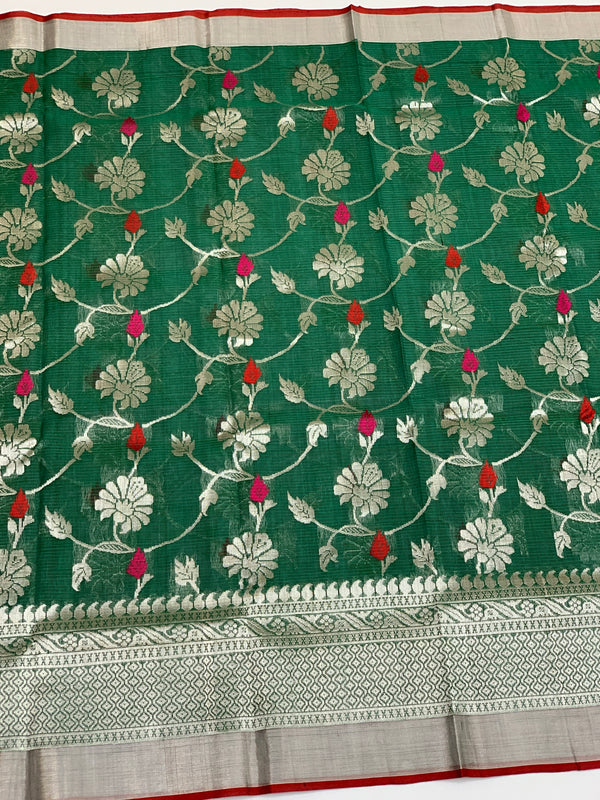 Zari Kota Saree Bottle-Green In Color